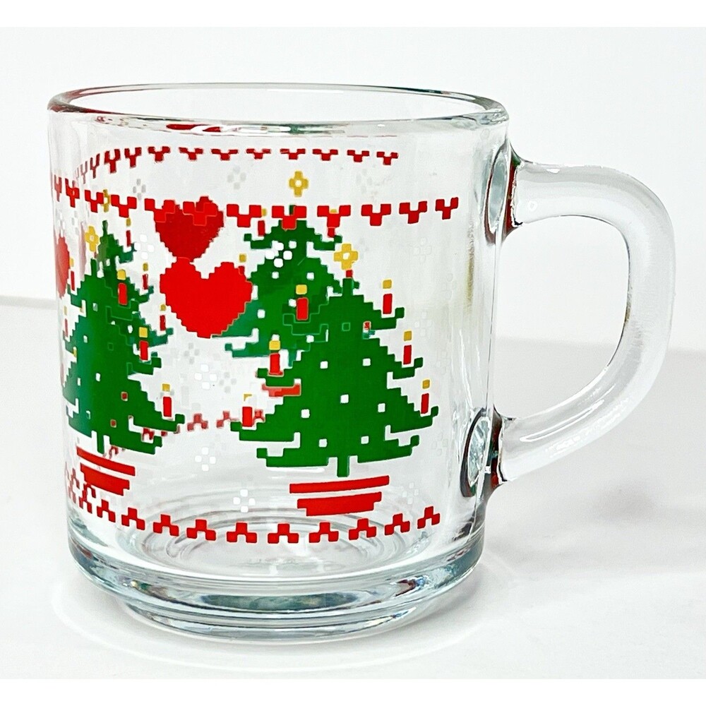 Vintage Anchor Hocking Christmas Mug Cross Stitch Tree Hearts Glass USA